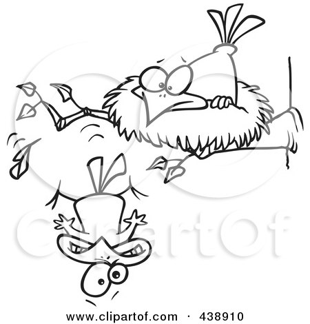 Royalty-Free (RF) Clip Art Illustration of a Cartoon Black And White Outline Design Of A Bird Falling Out Of The Nest by toonaday