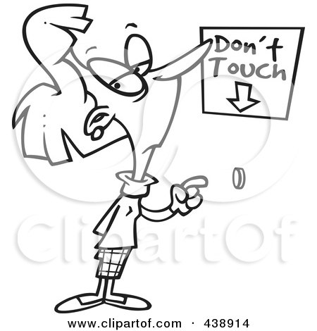 Royalty-Free (RF) Clip Art Illustration of a Cartoon Black And White Outline Design Of A Woman About To Push A Restricted Button by toonaday