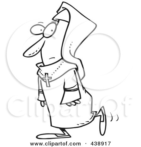 Royalty-Free (RF) Clip Art Illustration of a Cartoon Black And White Outline Design Of A Walking Nun by toonaday