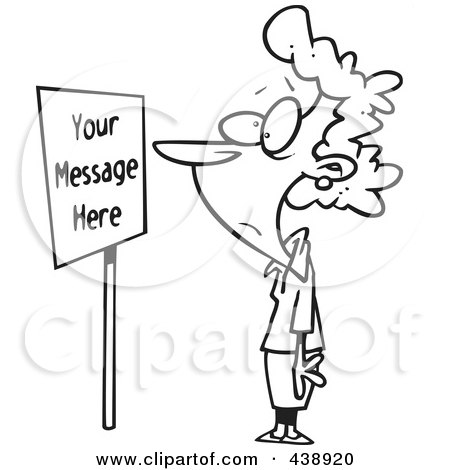 Royalty-Free (RF) Clip Art Illustration of a Cartoon Black And White Outline Design Of A Woman Staring At A Sign With Sample Text by toonaday