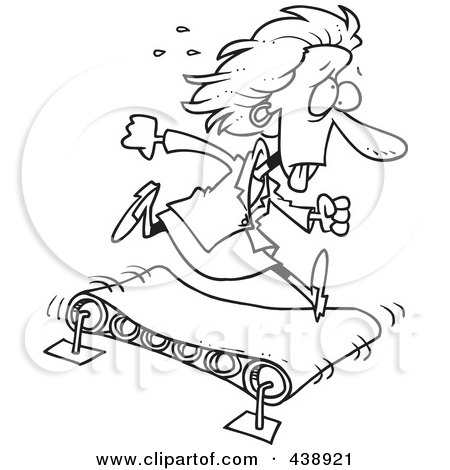 Royalty-Free (RF) Clip Art Illustration of a Cartoon Black And White Outline Design Of A Businesswoman Getting Nowhere On A Treadmill by toonaday