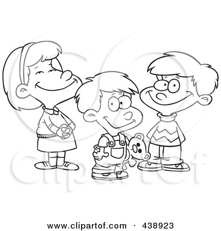 Royalty-Free (RF) Clip Art Illustration of a Cartoon Black And White Outline Design Of A Girl And Two Boys by toonaday
