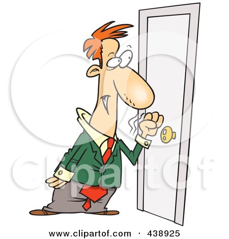 Royalty-Free (RF) Clip Art Illustration of a Cartoon Businessman Knocking On A Door by toonaday