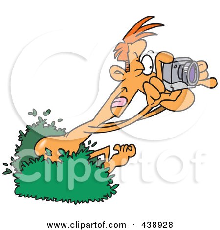 Royalty-Free (RF) Clip Art Illustration of a Cartoon Nude Man Popping Out Of A Bush And Taking Pictures by toonaday