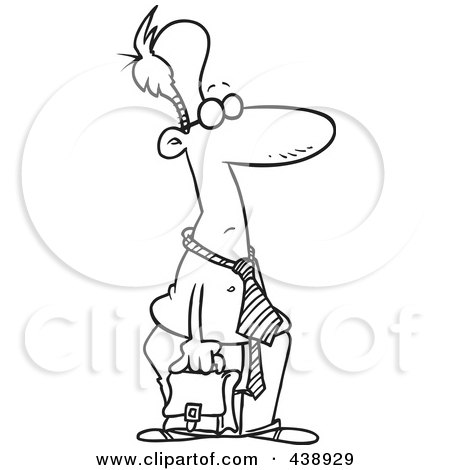 Royalty-Free (RF) Clip Art Illustration of a Cartoon Black And White Outline Design Of A Shirtless Businessman Carrying A Briefcase by toonaday