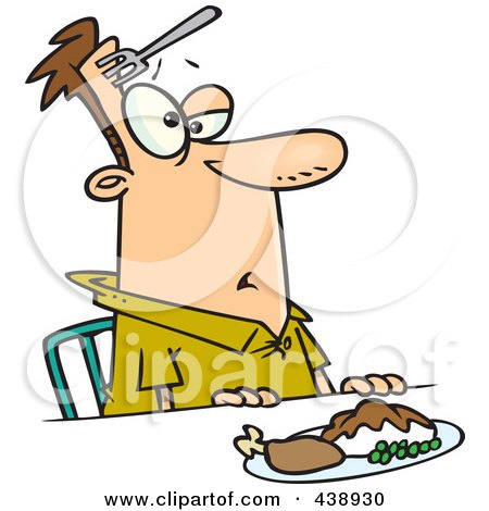 Royalty-Free (RF) Clip Art Illustration of a Cartoon Clumsy Man With A Fork In His Forehead by toonaday