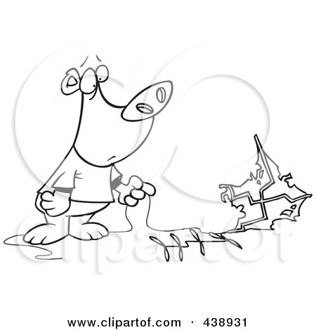 Royalty-Free (RF) Clip Art Illustration of a Cartoon Black And White Outline Design Of A Bear With A Crashed Kite by toonaday
