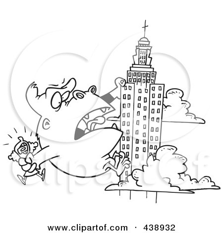 Royalty-Free (RF) Clip Art Illustration of a Cartoon Black And White Outline Design Of Kong Carrying A Woman And Climbing A Skyscraper by toonaday