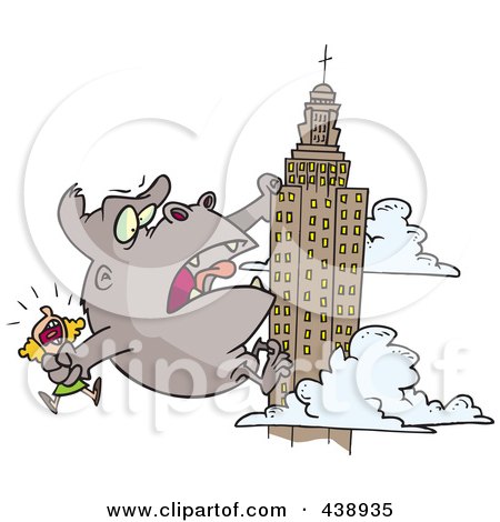 Royalty-Free (RF) Clip Art Illustration of a Cartoon Kong Carrying A Woman And Climbing A Skyscraper by toonaday