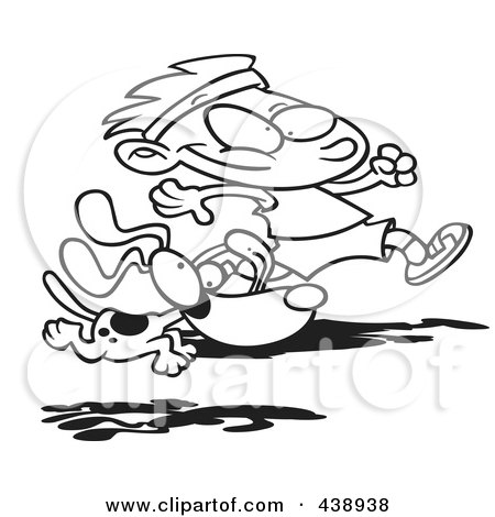 Royalty-Free (RF) Clip Art Illustration of a Cartoon Black And White Outline Design Of A Dog Running With A Boy by toonaday