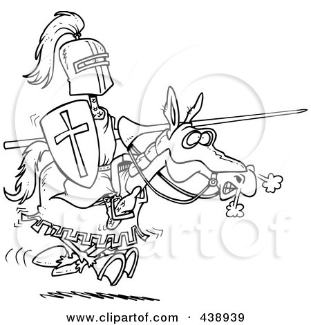 Royalty-Free (RF) Clip Art Illustration of a Cartoon Black And White Outline Design Of A Jousting Knight On A Horse by toonaday