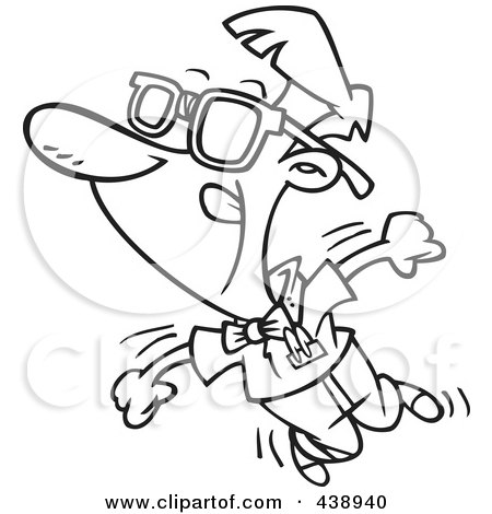 Royalty-Free (RF) Clip Art Illustration of a Cartoon Black And White Outline Design Of A Nerdy Man Dancing by toonaday