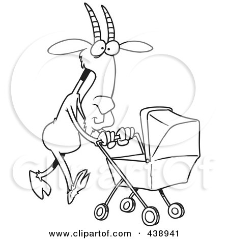 Royalty-Free (RF) Clip Art Illustration of a Cartoon Black And White Outline Design Of A Nanny Goat Pushing A Tram by toonaday