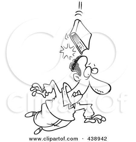 Royalty-Free (RF) Clip Art Illustration of a Cartoon Black And White Outline Design Of A Book Of Knowledge Falling On A Man by toonaday