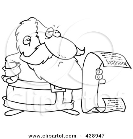 Royalty-Free (RF) Clip Art Illustration of a Cartoon Black And White Outline Design Of Santa Reading His Naughty List by toonaday