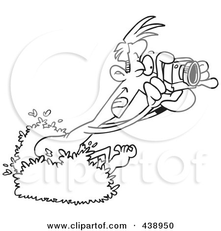 Royalty-Free (RF) Clip Art Illustration of a Cartoon Black And White Outline Design Of A Nude Man Popping Out Of A Bush And Taking Pictures by toonaday