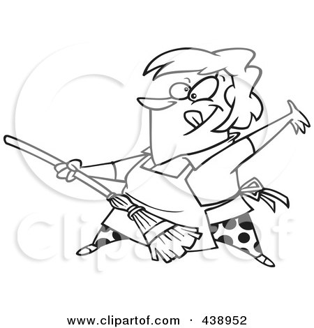 Royalty-Free (RF) Clip Art Illustration of a Cartoon Black And White Outline Design Of A Woman Rocking Out With A Broom by toonaday