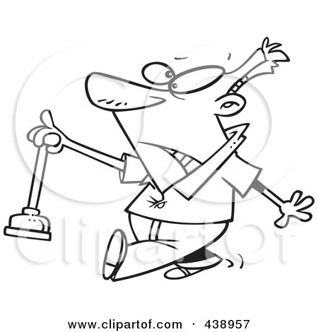 Royalty-Free (RF) Clip Art Illustration of a Cartoon Black And White Outline Design Of A Man Holding A Nasty Toilet Plunger by toonaday