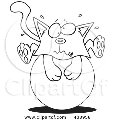 Royalty-Free (RF) Clip Art Illustration of a Cartoon Black And White Outline Design Of A Kitten On A Ball by toonaday