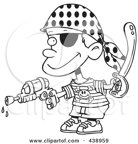 Royalty-Free (RF) Clip Art Illustration of a Cartoon Black And White Outline Design Of A Pirate Boy Shooting Water Gun by toonaday