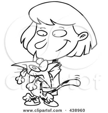 Royalty-Free (RF) Clip Art Illustration of a Cartoon Black And White Outline Design Of A Girl Mangling Her Kitty by toonaday
