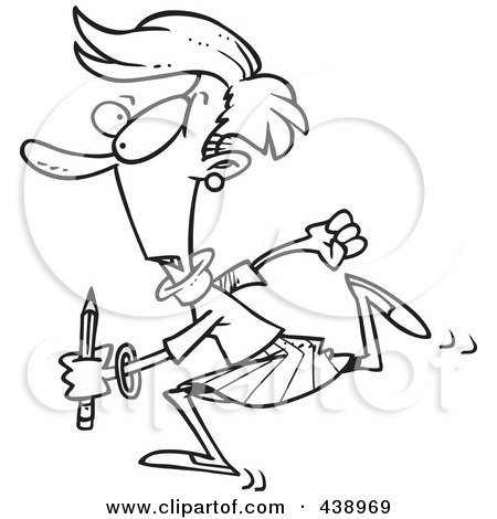 Royalty-Free (RF) Clip Art Illustration of a Cartoon Black And White Outline Design Of A Woman Running With A Pencil by toonaday