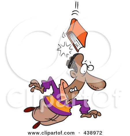Royalty-Free (RF) Clip Art Illustration of a Cartoon Book Of Knowledge Falling On A Man by toonaday