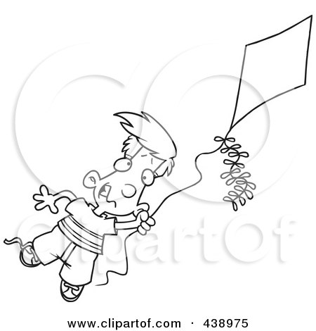Royalty-Free (RF) Clip Art Illustration of a Cartoon Black And White Outline Design Of A Boy Flying A Kite - 1 by toonaday