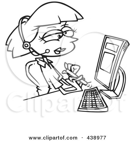 Royalty-Free (RF) Clip Art Illustration of a Cartoon Black And White Outline Design Of A Secretary Filing Her Nails At Her Desk by toonaday