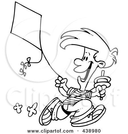 Royalty-Free (RF) Clip Art Illustration of a Cartoon Black And White Outline Design Of A Boy Flying A Kite - 3 by toonaday