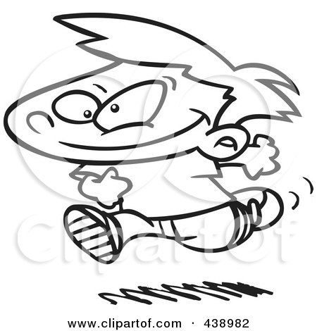 Royalty-Free (RF) Clip Art Illustration of a Cartoon Black And White Outline Design Of A Boy Running by toonaday