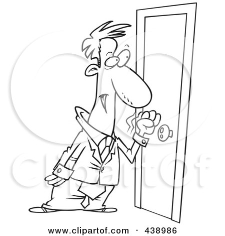 Royalty-Free (RF) Clip Art Illustration of a Cartoon Black And White Outline Design Of A Businessman Knocking On A Door by toonaday