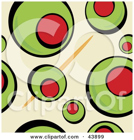 Clipart Illustration of a Background Of A Toothpick And Green Martini Olives On Beige by Arena Creative