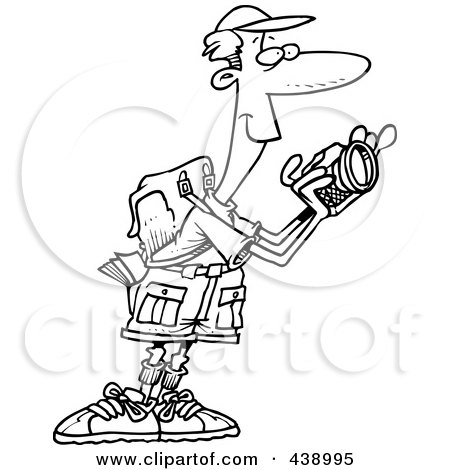 Royalty-Free (RF) Clip Art Illustration of a Cartoon Black And White Outline Design Of A Hiker Taking Nature Pictures by toonaday