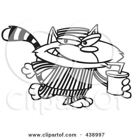 Royalty-Free (RF) Clip Art Illustration of a Cartoon Black And White Outline Design Of A Cat Con Drinking A Soda by toonaday