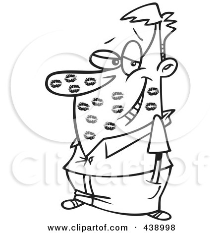 Royalty-Free (RF) Clip Art Illustration of a Cartoon Black And White Outline Design Of A Man Covered In Lipstick Kisses by toonaday