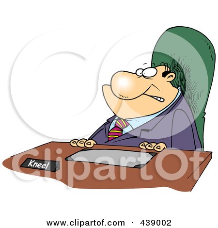 Royalty-Free (RF) Clip Art Illustration of a Cartoon Businessman With A Kneel Sign On His Desk by toonaday