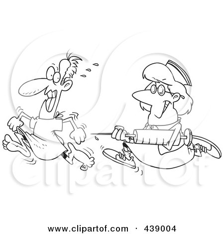 Royalty-Free (RF) Clip Art Illustration of a Cartoon Black And White Outline Design Of A Nurse Chasing A Patient With A Needle by toonaday