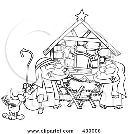 Royalty-Free (RF) Clip Art Illustration of a Cartoon Black And White Outline Design Of Children Acting Out A Nativity Scene by toonaday