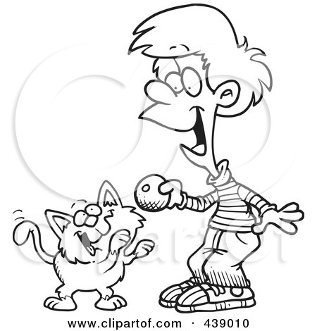 Royalty-Free (RF) Clip Art Illustration of a Cartoon Black And White Outline Design Of A Boy Playing With A Kitten by toonaday