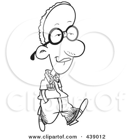 Royalty-Free (RF) Clip Art Illustration of a Cartoon Black And White Outline Design Of A Nerdy Black Boy Walking by toonaday