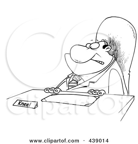 Royalty-Free (RF) Clip Art Illustration of a Cartoon Black And White Outline Design Of A Businessman With A Kneel Sign On His Desk by toonaday