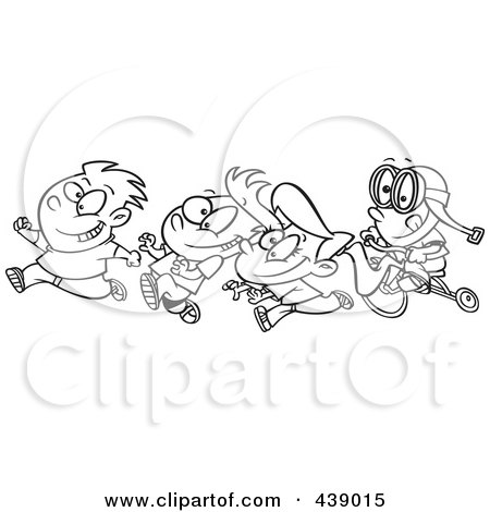 Royalty-Free (RF) Clip Art Illustration of a Cartoon Black And White Outline Design Of A Boy Chasing His Friends On His Trike by toonaday