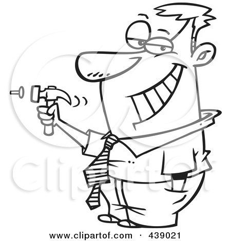 Royalty-Free (RF) Clip Art Illustration of a Cartoon Black And White Outline Design Of A Man Hammering A Nail by toonaday