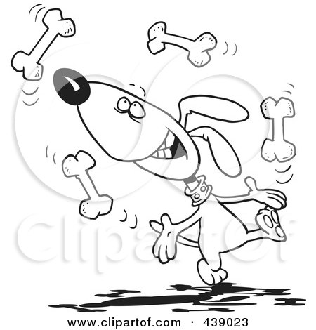 Royalty-Free (RF) Clip Art Illustration of a Cartoon Black And White Outline Design Of A Dog Juggling Bones by toonaday