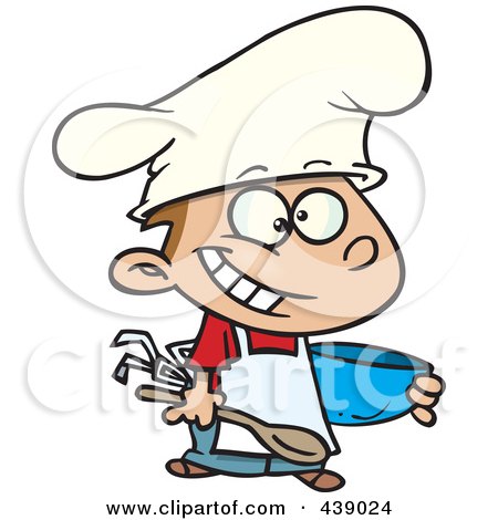Royalty-Free (RF) Clip Art Illustration of a Cartoon Happy Chef Boy Holding A Mixing Bowl by toonaday