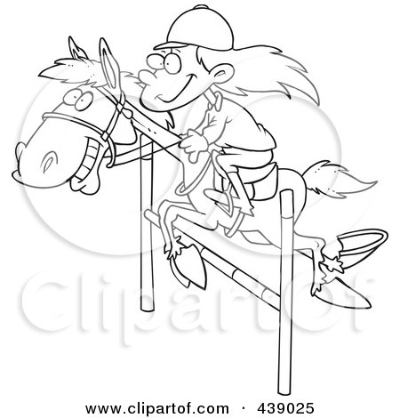 Royalty-Free (RF) Clip Art Illustration of a Cartoon Black And White Outline Design Of A Girl On A Leaping Horse by toonaday