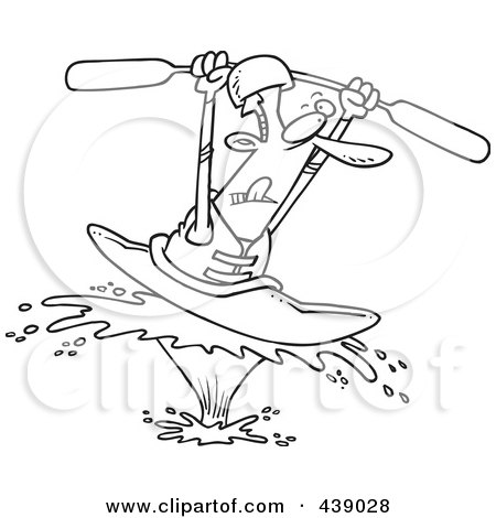 Royalty-Free (RF) Clip Art Illustration of a Cartoon Black And White Outline Design Of A Kayaking Man On A Big Splash by toonaday