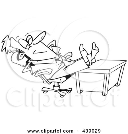 Royalty-Free (RF) Clip Art Illustration of a Cartoon Black And White Outline Design Of A Businessman Kicking Back With His Feet On His Desk by toonaday