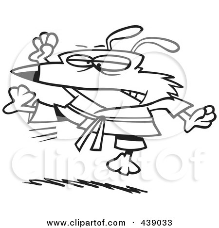 Royalty-Free (RF) Clip Art Illustration of a Cartoon Black And White Outline Design Of A Karate Dog Jumping by toonaday